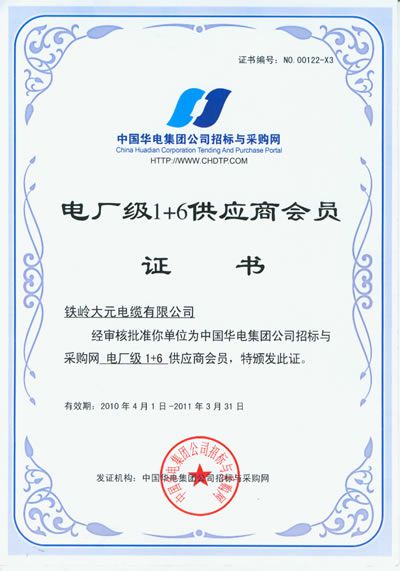 電廠級(jí)1+6供應(yīng)商會(huì)員證書(shū)